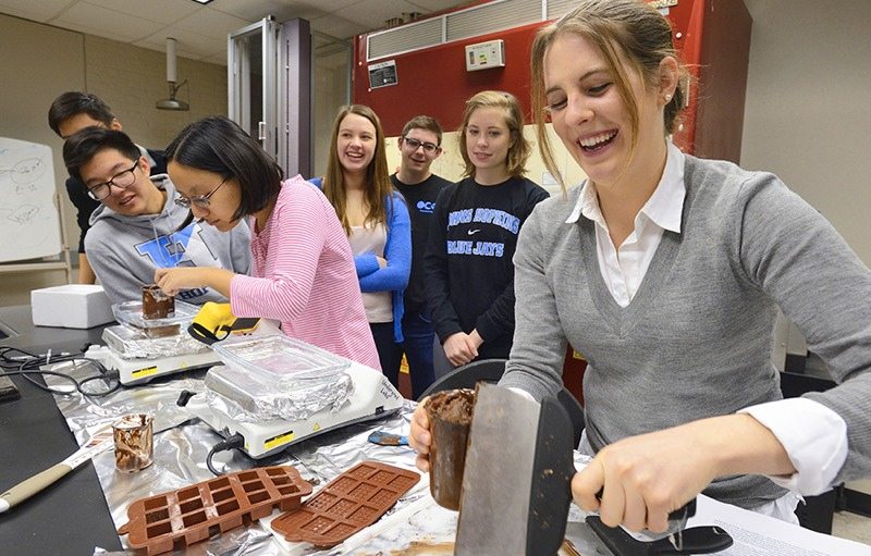 Best science lab ever. Jennifer Dailey and her JHU students experimenting with chocolate. Credit: Will Kirk/Johns Hopkins University